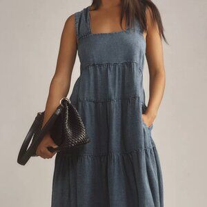 Helena Square-Neck Tiered Midi Denim Dress